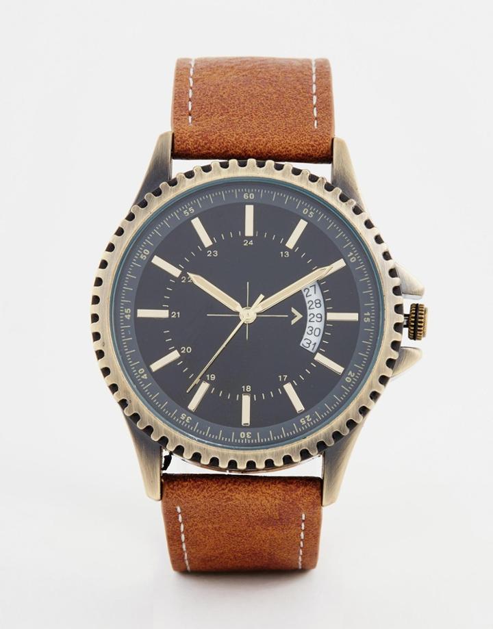 Asos Chunky Watch With Gray Face And Brown Strap - Brown