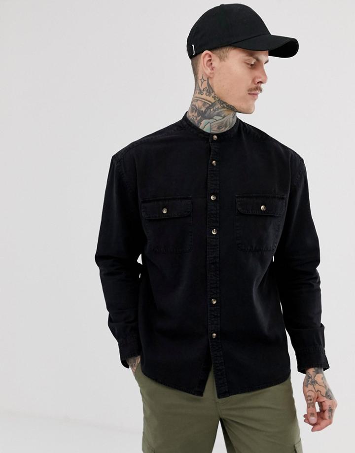 Asos Design Oversized Denim Shirt In Black With Grandad Collar And Mock Horn Buttons
