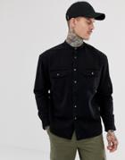 Asos Design Oversized Denim Shirt In Black With Grandad Collar And Mock Horn Buttons