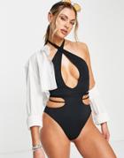 Asos Design Recycled Key Hole Cross Neck Cut Out Swimsuit In Black