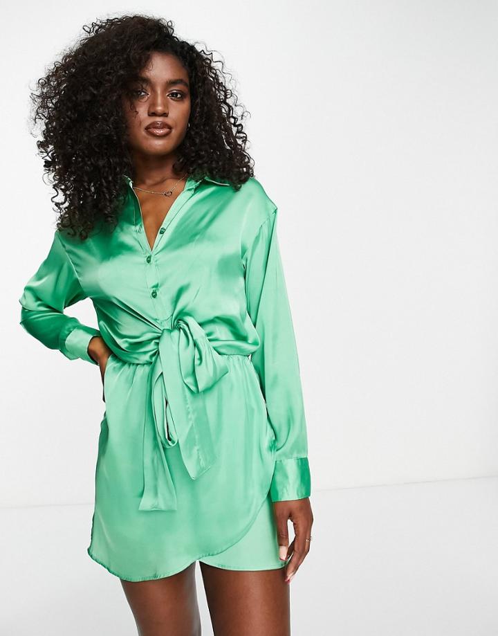 Pull & Bear Tie Front Long Sleeve Satin Mini Dress Green