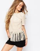 Japonica Suedette Top With Fringing - Nude