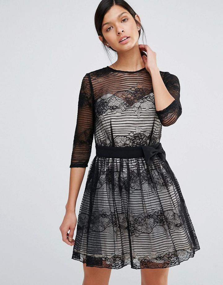 Little Mistress Long Sleeve Belted Lace Dress - Beige