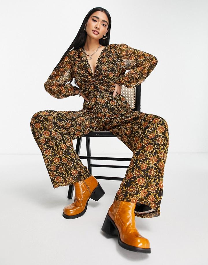 River Island Ruched Front Retro Floral Jumpsuit In Brown