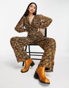 River Island Ruched Front Retro Floral Jumpsuit In Brown