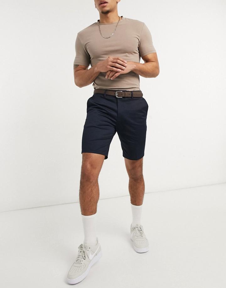 River Island Slim Belted Chino Shorts In Navy