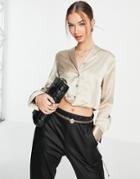 Flounce London Cropped Long Sleeve Satin Shirt In Champagne - Part Of A Set-white