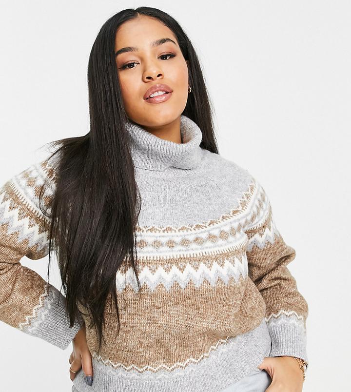Fashion Union Plus Relaxed Roll Neck Boxy Knit Fairisle Sweater-brown