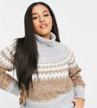 Fashion Union Plus Relaxed Roll Neck Boxy Knit Fairisle Sweater-brown