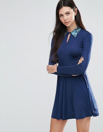 Love Contrast Collar A Line Dress - Navy