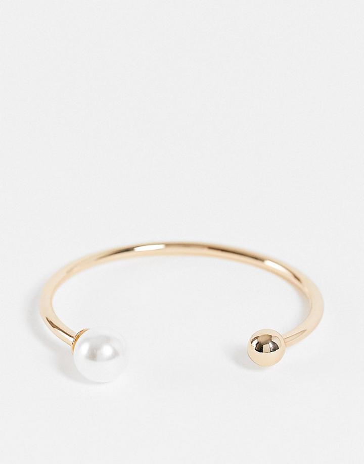 Asos Design Cuff Bracelet With Pearl Ball Design In Gold Tone