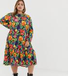 Rokoko Plus Long Sleeved Oversized Smock Dress With Peplum Hem - Multi