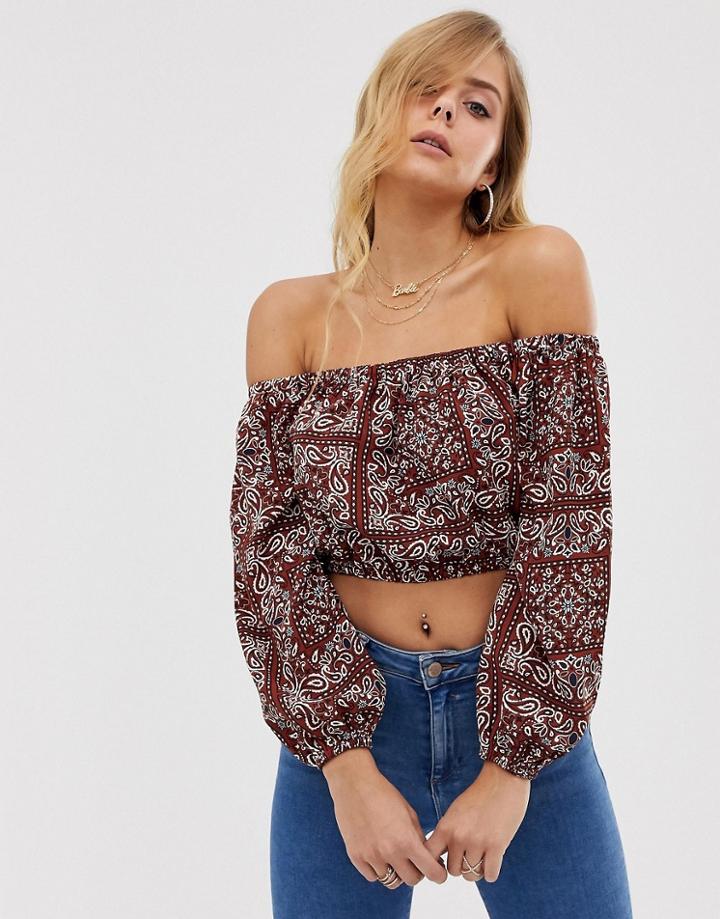Boohoo Paisley Bardot Cropped Blouse In Multi - Multi