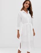 Esprit Tie Waist Midi Shirt Dress With Side Slits In White - White