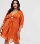 Asos Design Curve Mini Dress With Cape Sleeve And Ring Detail-orange