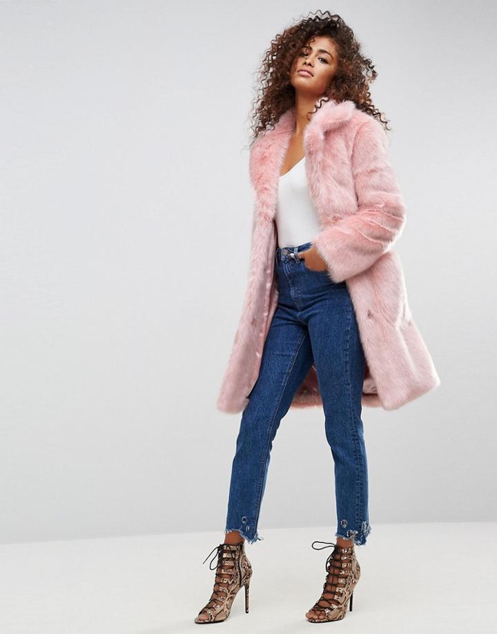 Asos Midi Coat In Plush Faux Fur - Pink