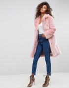 Asos Midi Coat In Plush Faux Fur - Pink