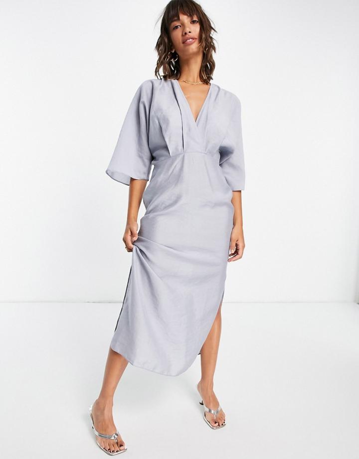 Asos Design Batwing Midi Dress In Dusky Blue-blues