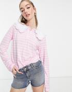 Neon Rose Relaxed Long Sleeve Top With Collar In Pink Stripe