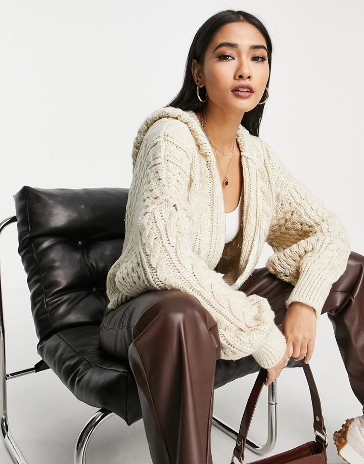 Topshop Knitted Cable Crop Hoodie In Oat-neutral