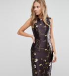 Hope And Ivy Pencil Dress In Sateen Floral Print With Frill Back Detail - Multi