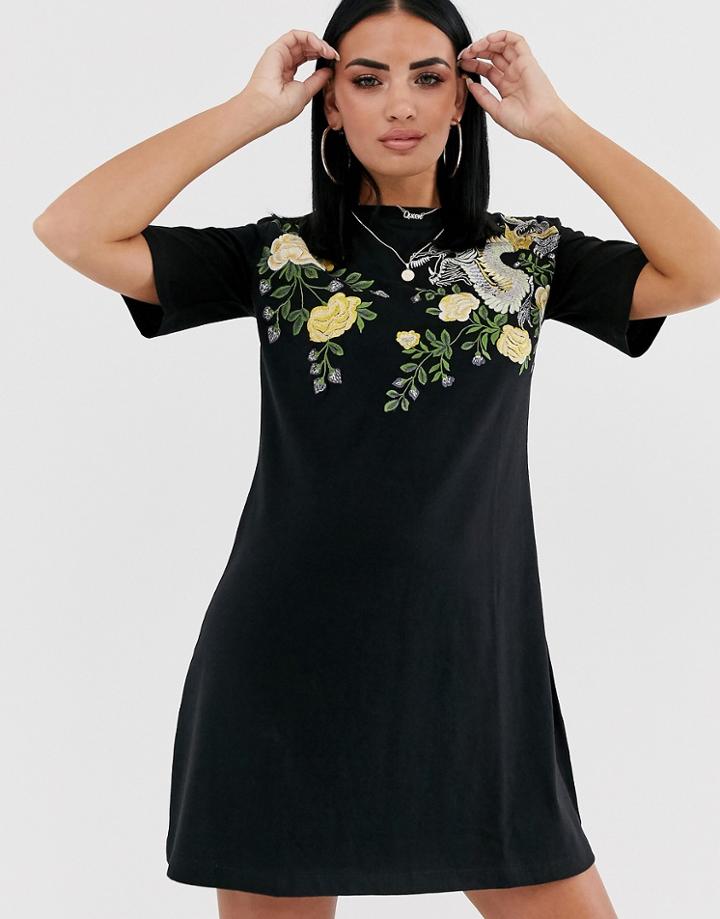 Asos Design Embroidered Dragon T-shirt Dress-black