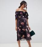 Asos Design Maternity Velvet Double Ruffle Pleat Midi Dress In Floral Print - Multi