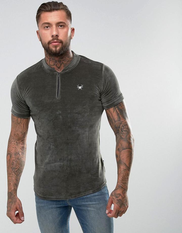 Intense Muscle T-shirt In Khaki Velour With Half Zip - Green