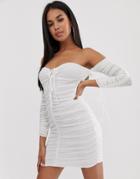 Club L London Off Shoulder Long Sleeve Ruched Mini Dress In White - White