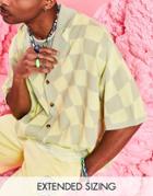 Asos Design Knit Oversized Button Up Polo With Lime Green Checkerboard