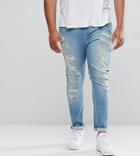 Asos Plus Super Skinny Jeans In Mid Wash Blue With Extreme Rips - Blue