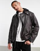 Asos Design Leather Jacket In Brown With Quilting