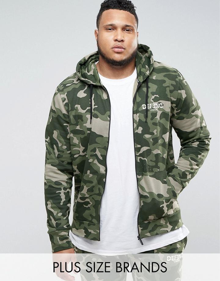 Defend London Plus Camo Zip Up Hoodie With Paint Splatter - Green