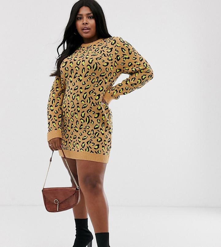 Brave Soul Plus Nala Neon Animal Print Sweater Dress-tan