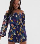 Brave Soul Tall Grace Off Shoulder Romper In Floral Print - Black