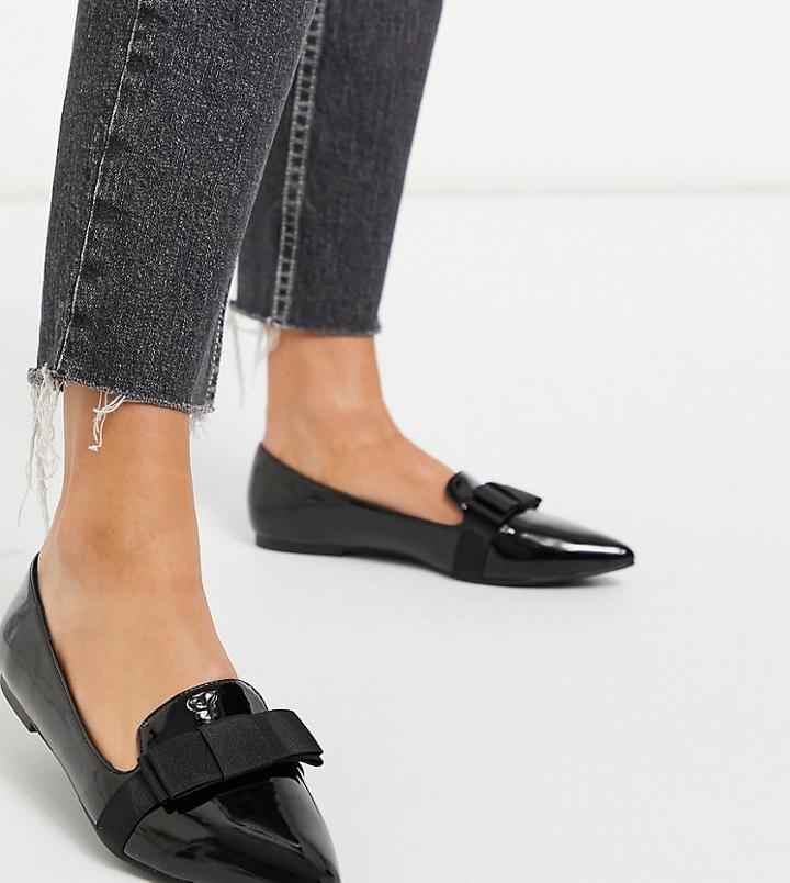 Asos Design Wide Fit Luan Bow Pointed Ballet Flats In Black Patent