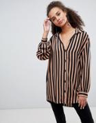 Bershka 70s Striped Longline Shirt - Brown