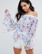 Jessica Wright Off Shoulder Bell Sleeve Floral Top - White