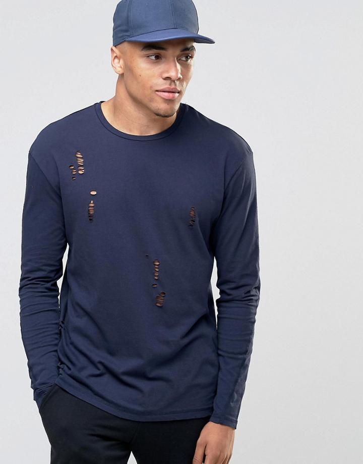 Jack & Jones Long Sleeve T-shirt With Distressed Detail - Navy Blazer