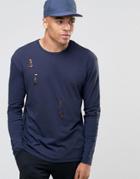 Jack & Jones Long Sleeve T-shirt With Distressed Detail - Navy Blazer