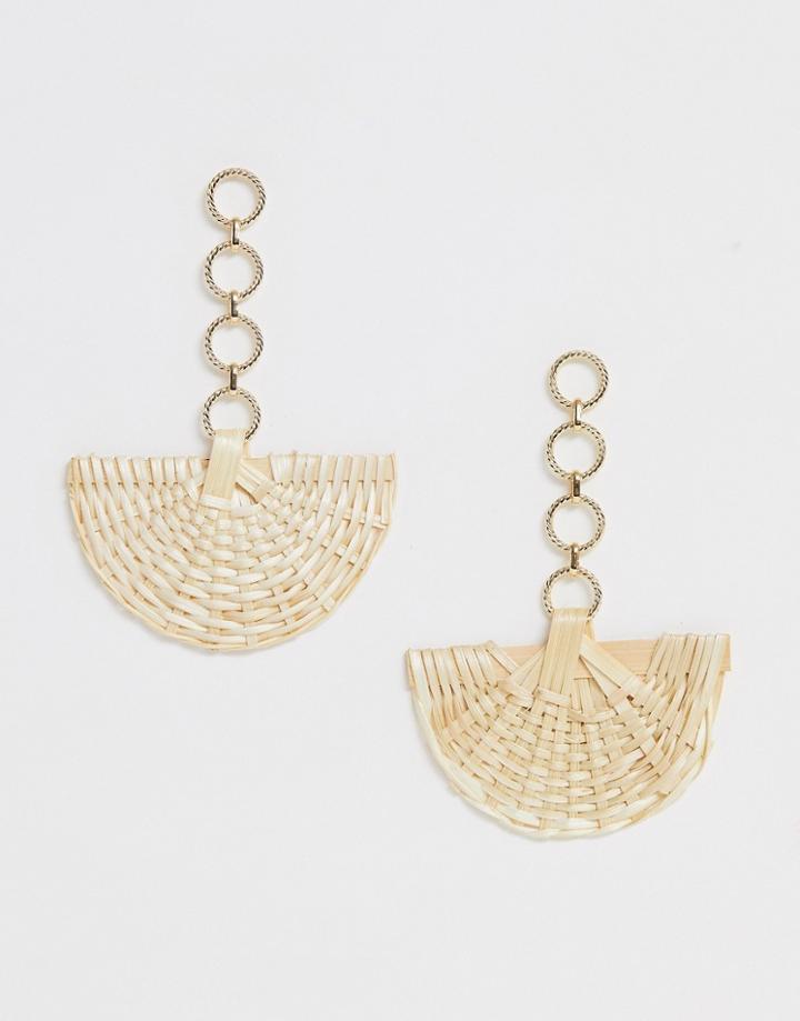 Asos Design Earrings With Woven Rattan Fan Drop In Gold Tone - Gold