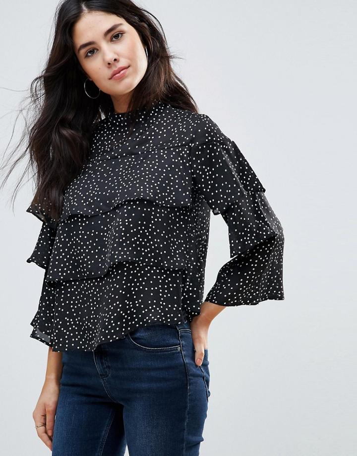 Influence High Neck Frill Top - Black