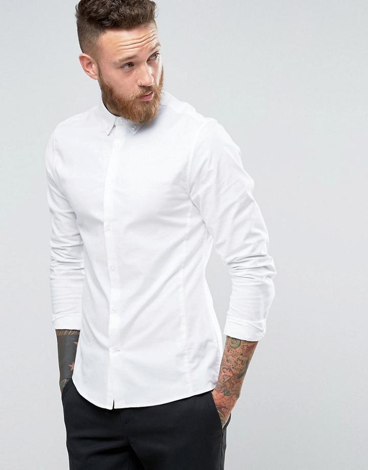 Hoxton Shirt Company Slim Smart Oxford Shirt With Stretch - White
