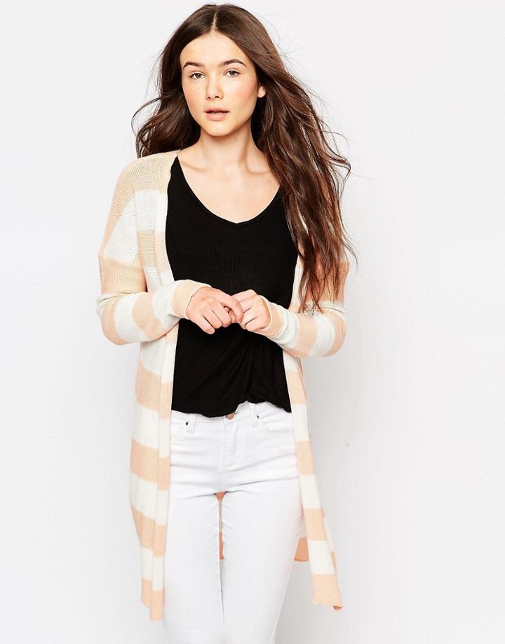 Vila Snip Stripe Longline Cardigan In White & Brown - White