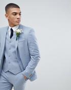 Asos Wedding Skinny Suit Jacket In Blue Linen - Blue