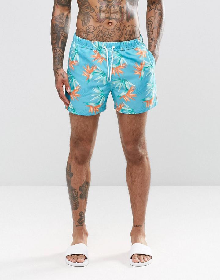 Asos Swim Shorts With Tropical Floral Print In Short Length - Blue