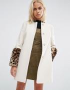 Helene Berman Faux Fur Cuff Coat In Cream With Jaguar Print Fur - Cream