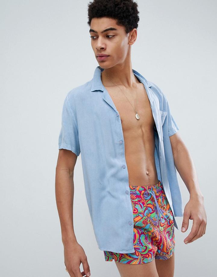 Asos Design Swim Shorts With Bright Retro Print In Super Short Length - Blue