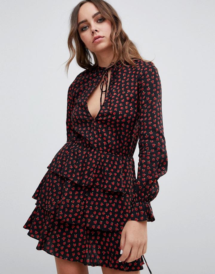 Motel Plunge Front Tea Dress In Rose Print - Pink