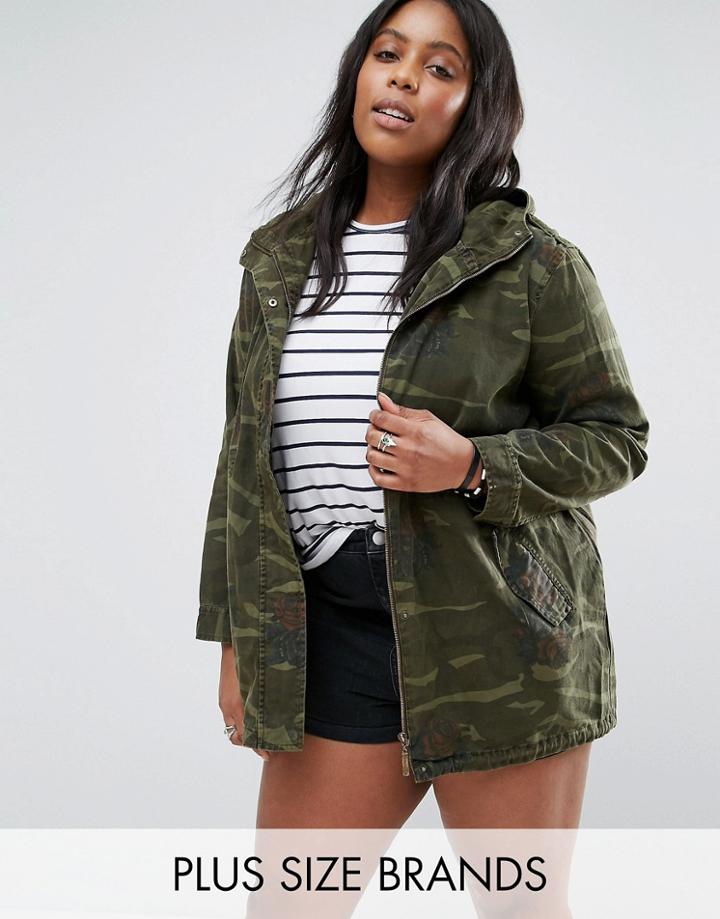 Brave Soul Plus Camo Jacket With Embroidery - Green